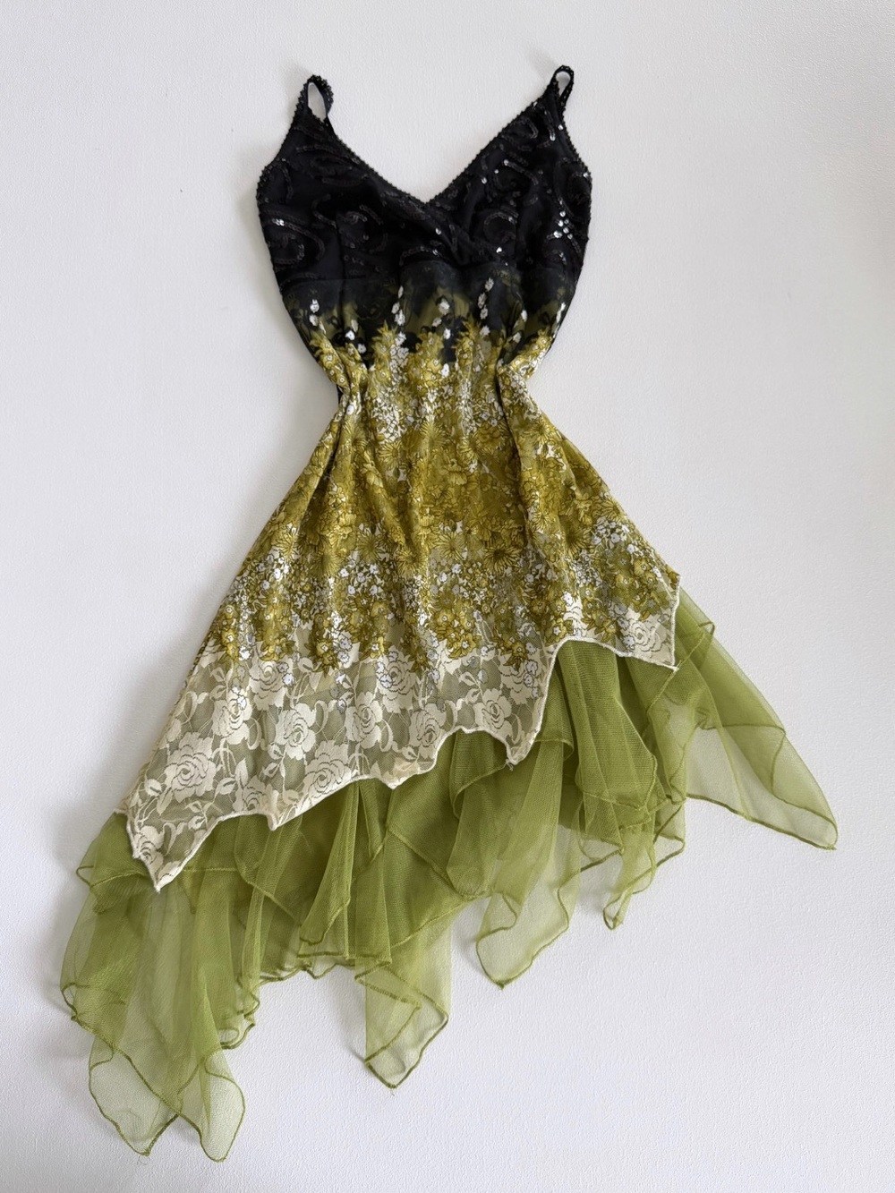 Vintage White Y2K Fairycore Green Lace Asymmetrical Dress